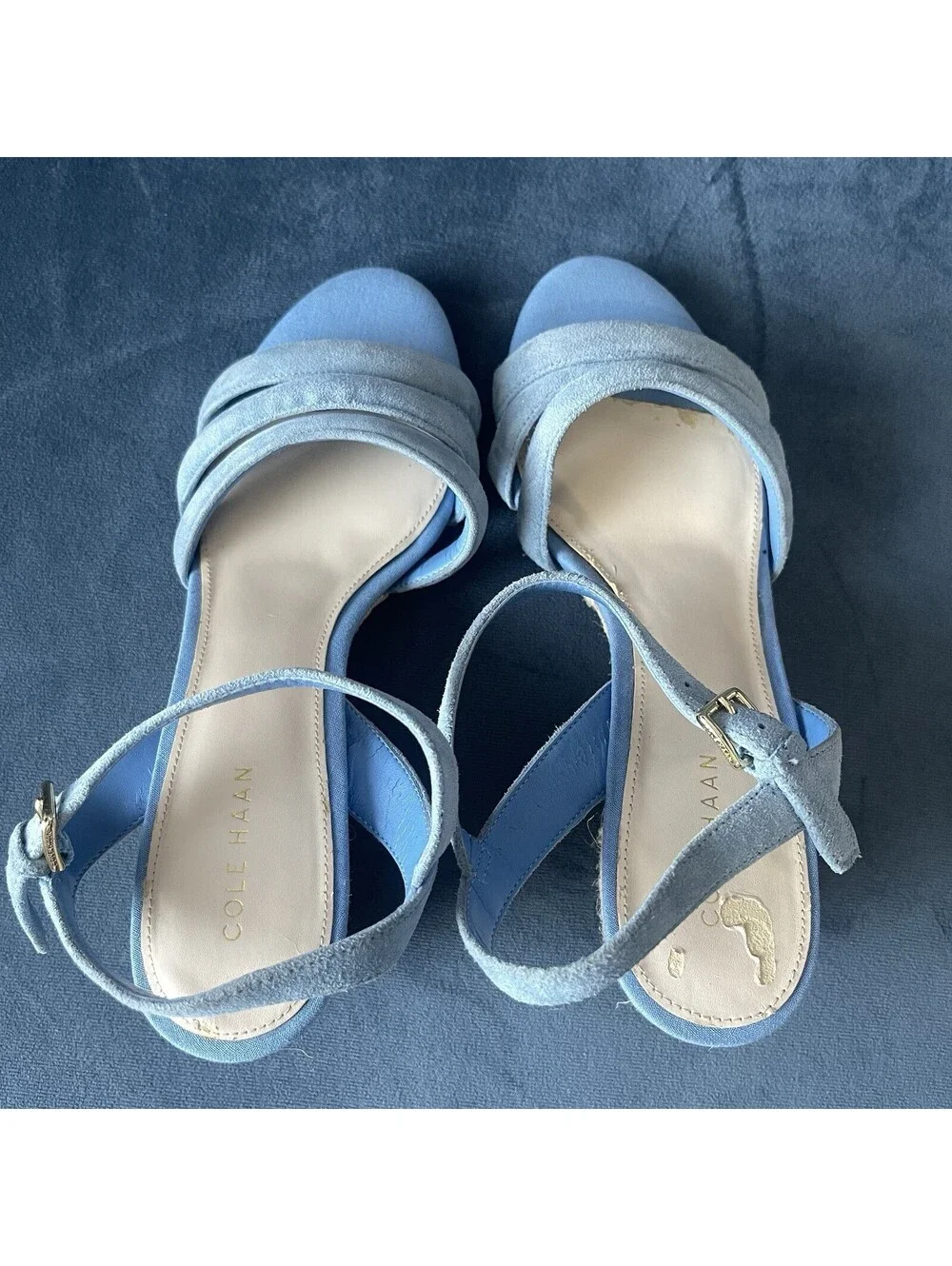 Cole Haan Woman's 6B Jasmine  Espadrille Wedge Blue Suede Gold 3” Heel Sandals